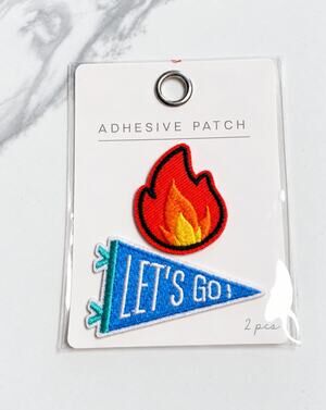 2 Pc Adhesive Patch Set Fire Flame Let’s Go Pennant Embroidered Iron On Style